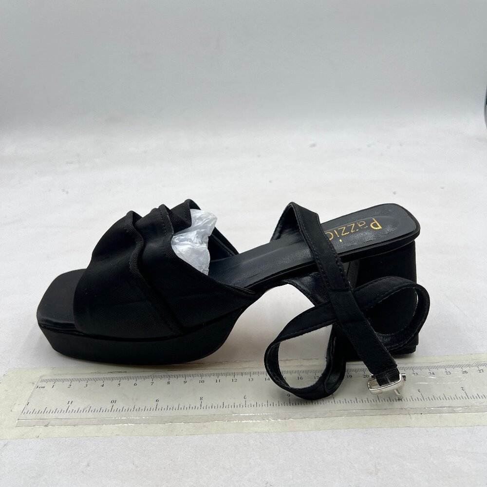 Pazzion Black Platform Square Toe Pleated Ruffle Sandal Block High Heel Shoes - Picture 2 of 8